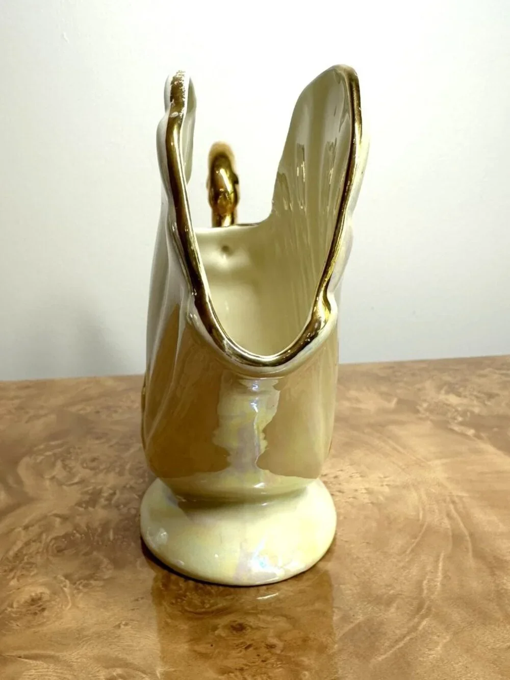 Vintage Lustreware Cornucopia Gravy Boat Swan Handle 22K Gold Trim Iridescent